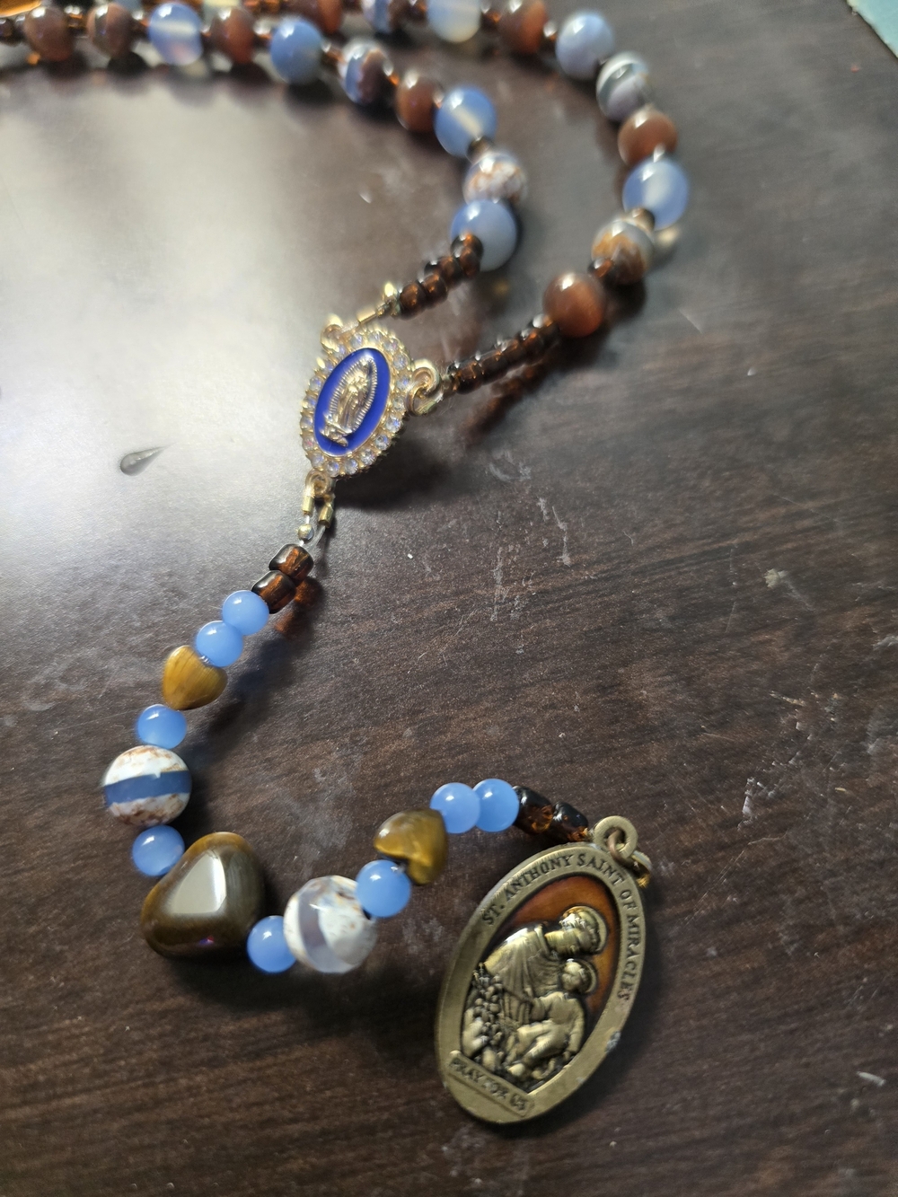 Rosary Handcrafted Blue and Brown Saint Medal Rosary Necklace